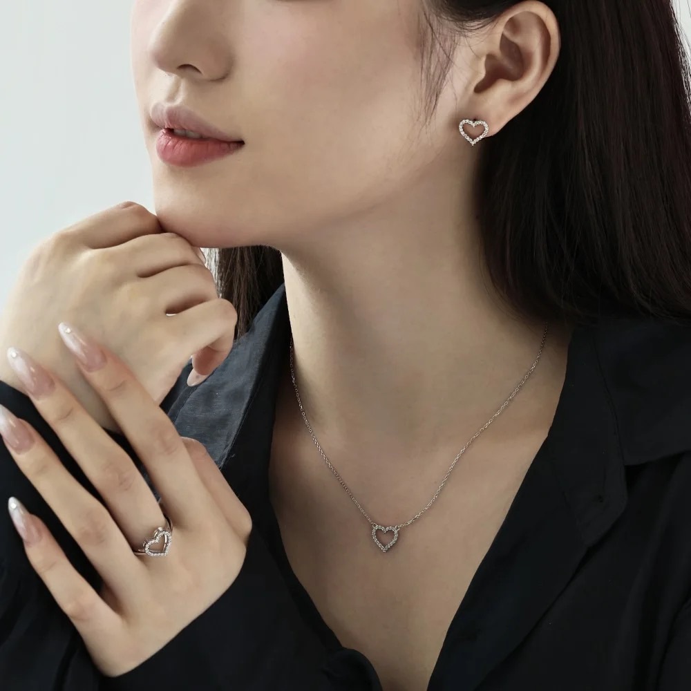 3 Piece Sterling silver heart set earrings necklace ring